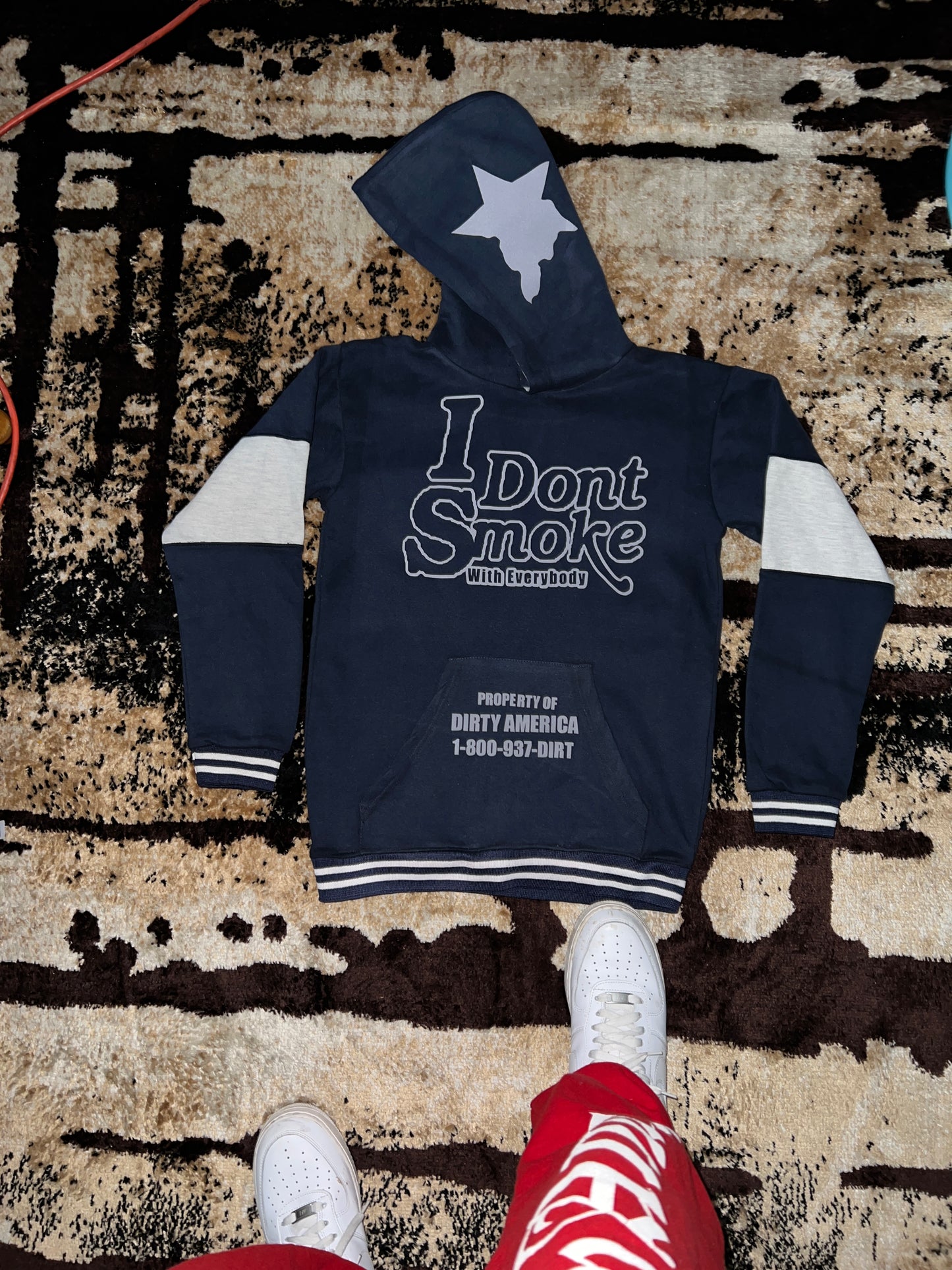 1 of 1 Navy Blue , Grey & White #IDontSmokeWithEverybody 💨 Exclusive Hoodie (Extra Small)